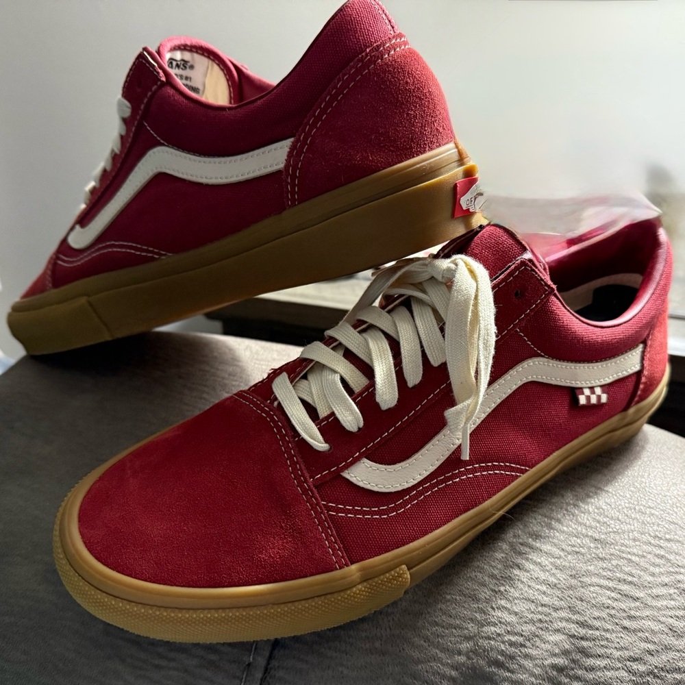 Vans Mens Red Suede Old Skool Sneakers with Gum Sole